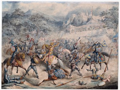 Tournoi (Moyen age) - Tournament of mounted knights - Anonymous - 1840 - Colour lithograph - 20,3x30,5 - Private Collection 作： Anonymous Anonymous