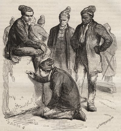 19世紀のブレストのバッグンのギャラリーの種類。ピエール・ザッコーネ（1817-1895）の「Histoire des bagnes depuis leur création à nos jours」（1877年）に掲載されたエングレーヴィング（Colonia Penale - Penal colony）。個人蔵。 作： Anonymous Anonymous