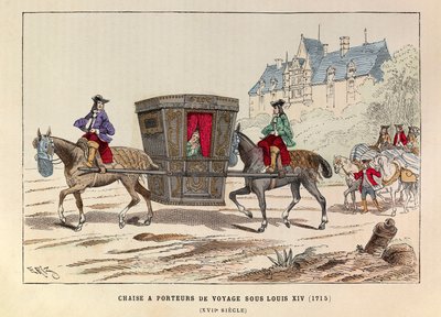 Une chaise à porter de voyage sous le reign du roi Louis XIV (1715) - フランス国王ルイ14世の時代に馬で運ばれたセダンの椅子 作： Anonymous Anonymous