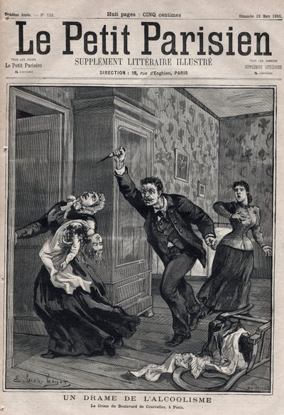 様々な事実：アルコール依存症のドラマ - Le crime du Boulevard de Courcelles - Engraving in "Le petit Parisien" from 1891 - Collection privee 作： Anonymous Anonymous