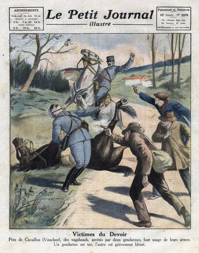 様々な事実：VaucluseのCavaillonへの道で、浮浪者の犯罪者による2人のジャンダルムの殺害。イラストは1921年3月6日の「Le petit journal」から引用。個人蔵 作： Anonymous Anonymous