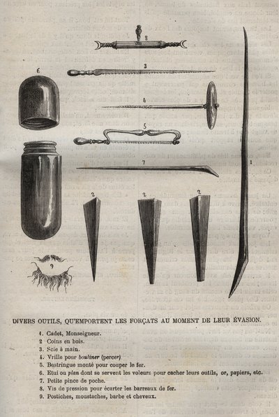 フォルカが逃げるときに持っている様々な道具。ピエール・ザッコーネ（1817-1895）の『Histoire des bagnes depuis leur création à nos jours』（1877年）に掲載されている版画（コロニア・ペナーレ：流刑地）。 作： Anonymous Anonymous