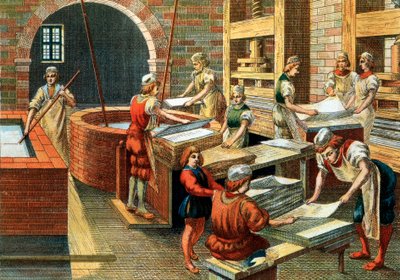 16世紀のイタリア、ファブリアーノの製紙工場の様子。さまざまな工程がある。図。個人蔵-イタリア・ファブリアーノの紙漉き工房 作： Anonymous Anonymous