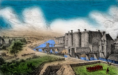 賢王シャルル5世（1338-1380）時代のバスティーユとその周囲の城壁の眺め、エングレーヴィング、個人蔵 作： Anonymous Anonymous