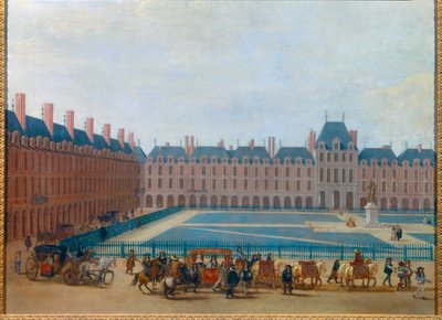 1660年頃のロワイヤル広場の眺め、ルイ14世の馬車の通り道 現在のパリのヴォージュ広場。17世紀の匿名の絵画。寸法0.81 x 1.13 m パリ、カルナヴァレ美術館 作： Anonymous Anonymous
