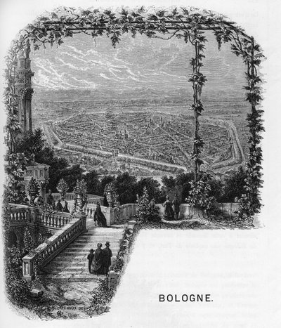 イタリア、ボローニャ（Bologna）の街の眺め アルマンゴー（armengaud）の「ヨーロッパの画廊-イタリア」にある1859年の彫刻。個人のコレクションです。 作： Anonymous Anonymous