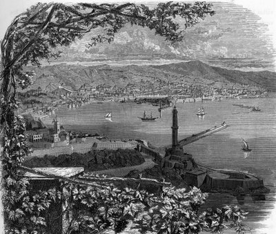 イタリア、ジェネス（ジェノバ）の街の眺め。1859年、アルマンゴーの「ヨーロッパの画廊-イタリア」に掲載された彫刻。個人蔵。 作： Anonymous Anonymous