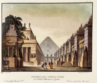 イシス神殿の眺め イタリア人振付師ジョヴァンニ・ガルツェラーニ（1780-1865）のバレエ「エギットのオッタビアーノ」の舞台背景（1828年）。アレッサンドロ・サンキリコ（1777-1849）の1830年の風景画の発明の記録」のリトグラフ。ミラネーゼ・プライバ 作： Anonymous Anonymous