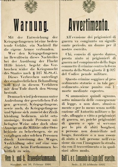1916年2月16日、イタリア人捕虜の逃亡後、オーストリア国民に彼らを助けないよう求める警告（刻印 作： Anonymous Anonymous