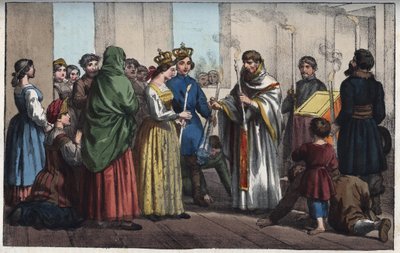 18世紀のロシアでの結婚式-「宇宙の諸国民の習慣と風習」の版画。Or History of the government, laws, militia, religious of all nations from the remotest times to the present day" 1856年 作： Anonymous Anonymous