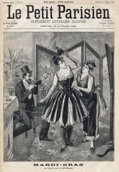 マルディグラ(Mardi-Gras)の仮面舞踏会のために、スクリーンの後ろでデグイスメントを準備する女性と、象の筒の形をしたマスクを試す男性。1893年2月19日の新聞 "Le Petit Parisien "に掲載された1枚。 作： Anonymous Anonymous