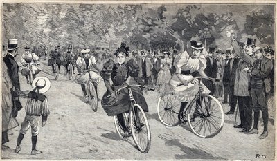 パリ近郊のブローニュの森で行われたベロシペッドの女性レース。1893年6月25日の「Le Petit Parisien」に掲載されたエングレーヴィング。 作： Anonymous Anonymous