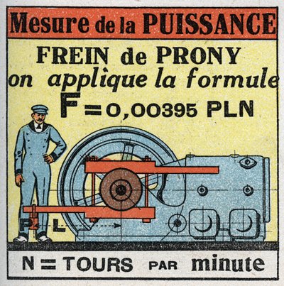 ワークとパワー：プロニーブレーキによるパワーの測定。1925年の匿名のイラスト。個人蔵。 作： Anonymous Anonymous