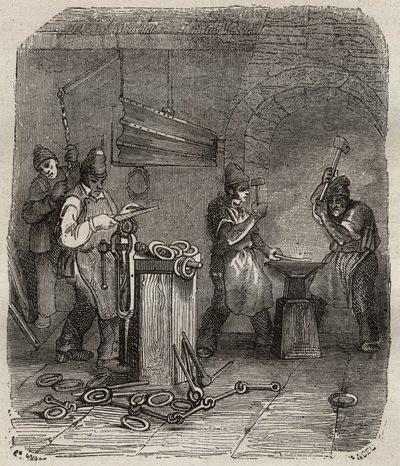 19世紀のロシュフォールのバグネでの労働者の部隊。ピエール・ザッコーネ（1817-1895）の「Histoire des bagnes depuis leur création à nos jours」（1877年）に掲載されたエングレーヴィング（Colonia Penale - Penal colony）。個人蔵。 作： Anonymous Anonymous