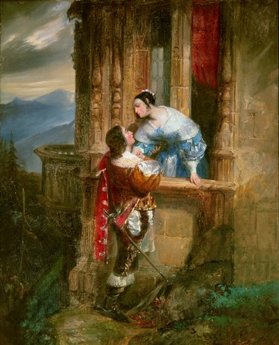 バルコニーで女性に求愛する若い男性 ウィリアム・シェイクスピア（1564-1616）の「ロミオとジュリエット」の挿絵。19世紀の匿名の絵画。リヨン、ミュゼ・デ・ボザール - 若い女性に求愛する若い男性、バルコニーのシーン。" のためのイラスト。 作： Anonymous Anonymous