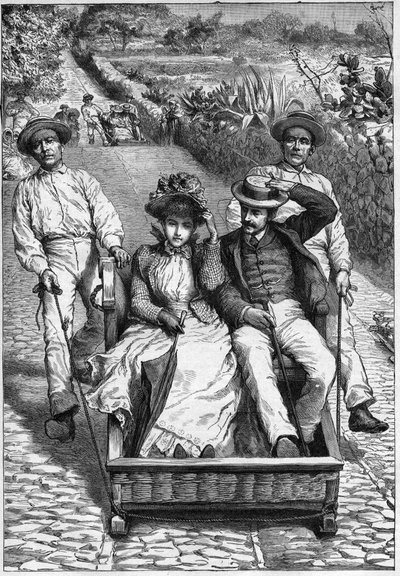 carros de cesto in Madeira 1893 - Les corinhos (carrieros) a Madere (Madeira) - hommes guiding a seat in two places on roulette (un corinho). エングレーヴィング in "Journal des voyages" 1893 作： Anonymous Anonymous