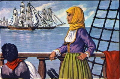 ギリシャ独立のヒロイン、ブブリナ（Bouboulina）・ラスカリナ（1771-1825）のポスターを模したもの。 作： Anonymous Anonymous