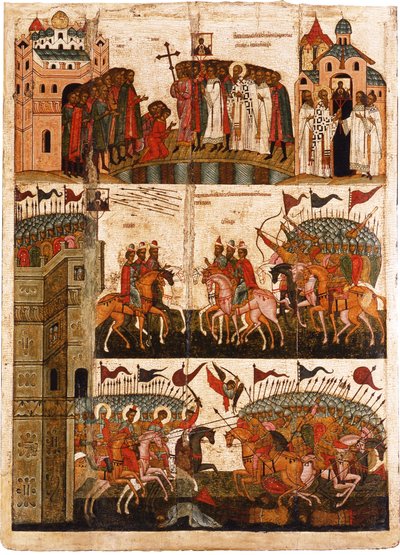 15世紀半ばのノヴゴロド派とスーズダリ派の間の戦い。 作： Anonymous Russian icon painter