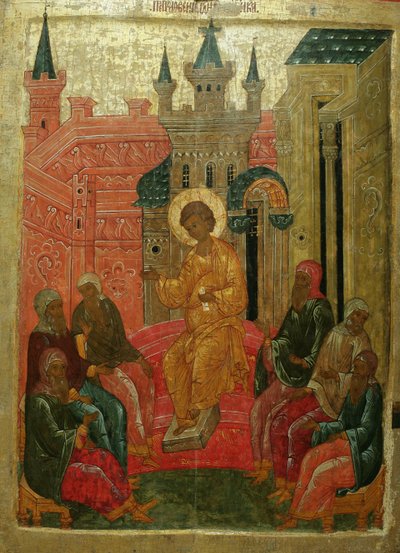 15世紀の医師の間のキリスト 作： Anonymous Russian icon painter