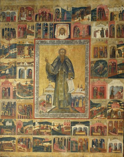 彼の生涯、17世紀の風景が描かれた白い湖の聖キリル 作： Anonymous Russian icon painter