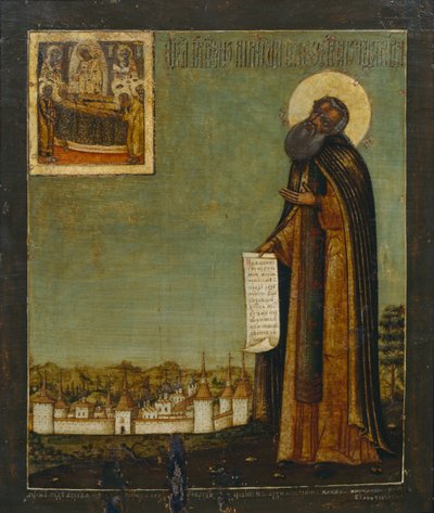 18世紀のキリロベロゼルスキー修道院を望む白い湖の聖キリル 作： Anonymous Russian icon painter