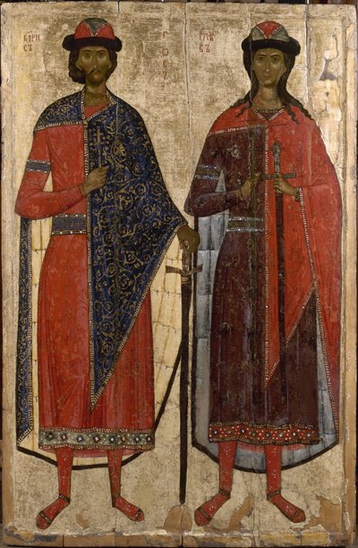 聖人ボリスとグレブ、14世紀の真ん中。 作： Anonymous Russian icon painter
