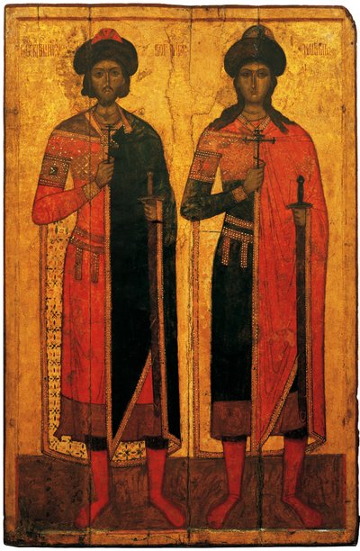 聖人ボリスとグレブ、14世紀の真ん中。 作： Anonymous Russian icon painter