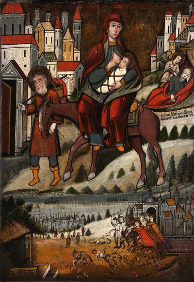 エジプトへの飛行、17世紀初頭。 作： Anonymous Russian icon painter