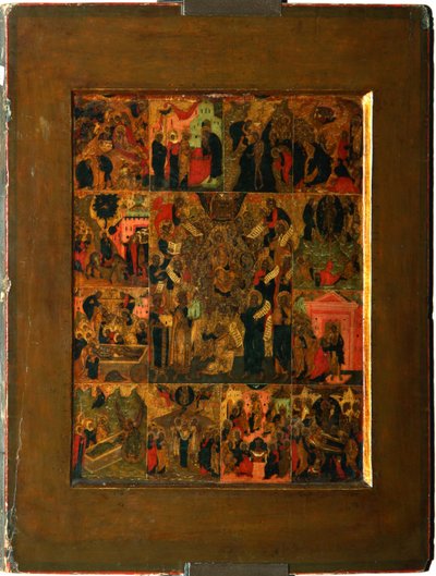 17世紀初頭の聖なる聖人への聖母アカトスの賛美歌の美化。 作： Anonymous Russian icon painter
