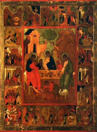 アブラハムホスピタリティ旧約三位一体、16世紀末。 作： Anonymous Russian icon painter