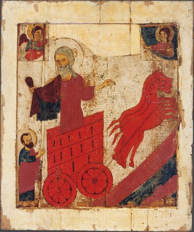 預言者エリヤと燃えるような戦車、13世紀 作： Anonymous Russian icon painter