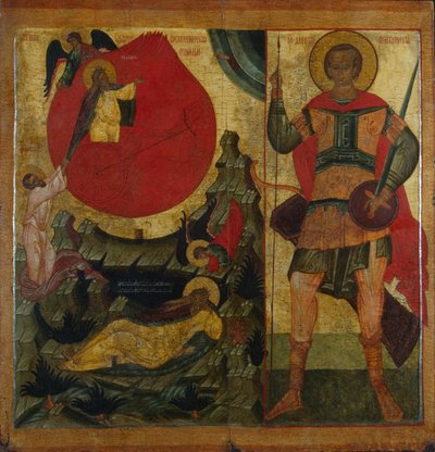 預言者エリヤと燃えるような戦車。テッサロニキの聖ディミトリウス、16世紀半ば 作： Anonymous Russian icon painter