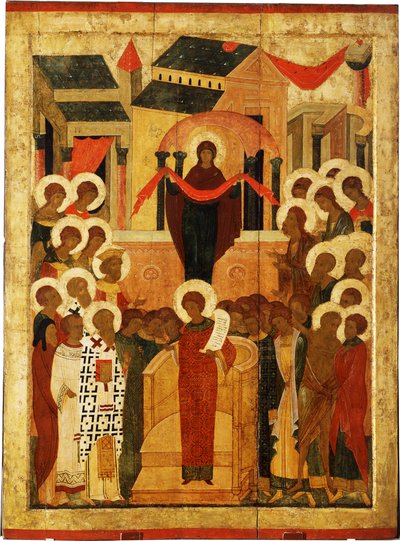 神の母の保護ポクロフ、15世紀の後半。 作： Anonymous Russian icon painter