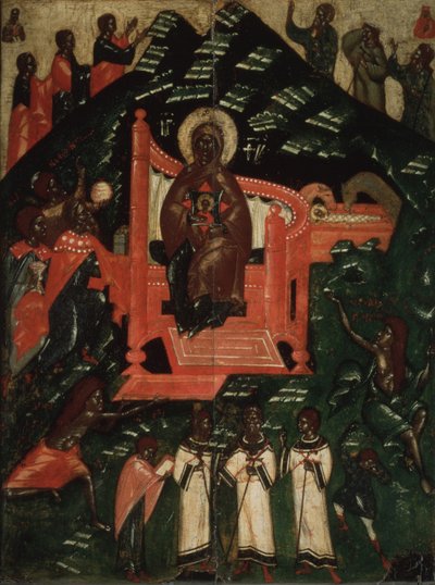 14世紀末の聖母のSynaxis。 作： Anonymous Russian icon painter