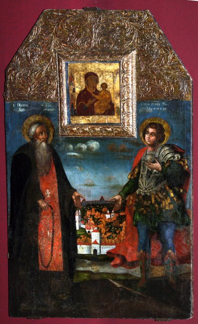 スモレンスクの聖人アブラハムとスモレンスクのメルクリウス、1722年のスモレンスクの聖母ホデゲトリア 作： Anonymous Russian icon painter