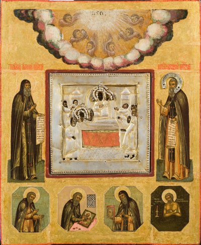 由緒あるアンソニーと洞窟のテオドシウス、17世紀 作： Anonymous Russian icon painter