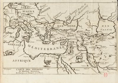 17世紀、タヴェルニエの「ヨーロッパ、ペルシャ、トルコ旅行記」の地図。 作： Anonymous master.
