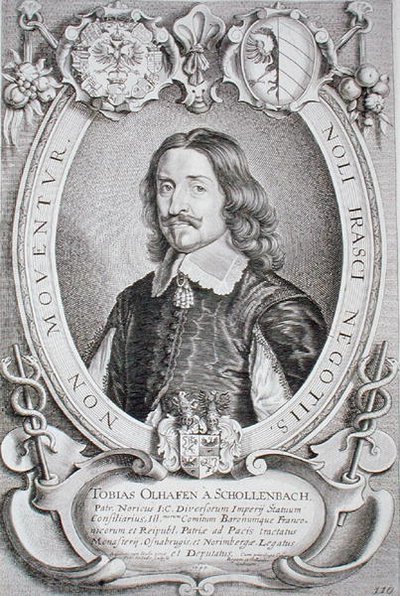 トビアス・オーエルハーフェン・ファン・ショーレンバッハ（1601-66）『Portraits des Hommes Illustres』より、ペトルス・デ・アイオデ作、1706年発行（エングレーヴィング）。 作： Anselmus van (after) Hulle