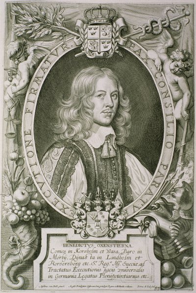 Petrus de Iodeによって彫刻された「Portraits des Hommes Illustres」のBengt Gabrielsson Oxenstierna（1623-1702）は1706年に出版されました 作： Anselmus van Hulle