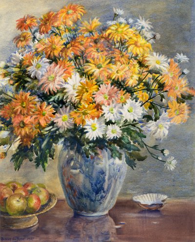 青と白の花瓶の菊 作： Anthea Durose