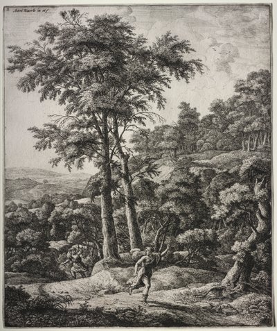 Ovid の Metamorphoses: Apollo and Daphne のシーンを含む 6 つの大きな直立した風景 作： Anthonie Waterloo