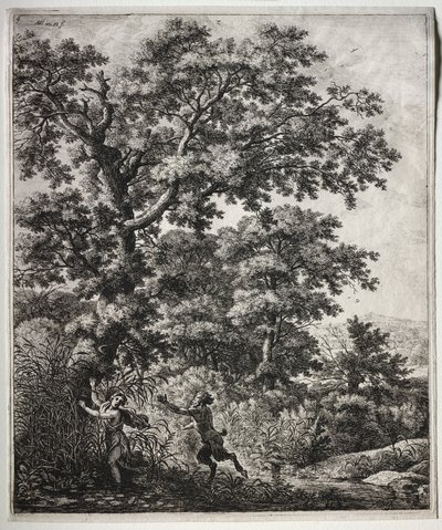 Ovid の Metamorphoses: Pan and Syrinx のシーンを含む 6 つの大きな直立した風景 作： Anthonie Waterloo