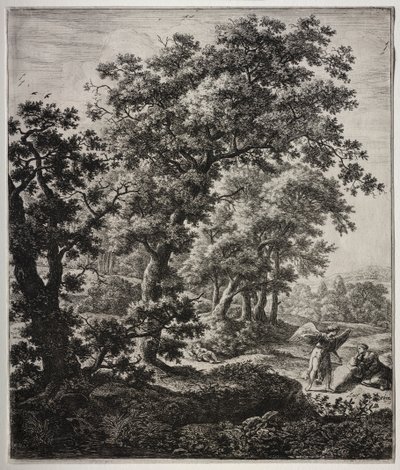 旧約聖書の場面を含む 6 つの大きな直立風景画: 天使に慰められるハガル 作： Anthonie Waterloo