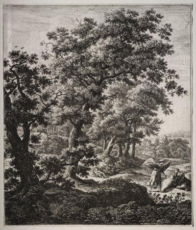 旧約聖書の場面を含む 6 つの大きな直立風景画: 天使に慰められたハガル 作： Anthonie Waterloo