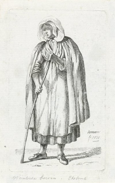 マントと杖を持つ女性 ワロンの農夫の妻 (オブジェクトのタイトル) 作： Anthonie Willem Hendrik Nolthenius de Man