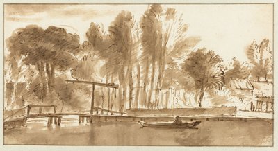 跳ね橋のある樹木が茂った川の風景 作： Anthonie van Borssom (attributed to)