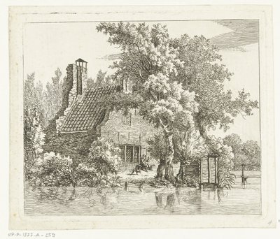 Maarssen の Huis Snaatburg の遺跡の前のベンチでタバコを吸う男 作： Anthonie van den Bos