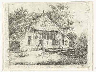 Staphorstの家の前でかごを持ってかがむ女性 作： Anthonie van den Bos