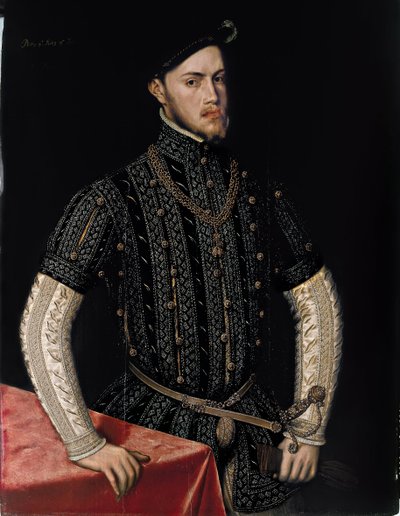 フィリップ 2 世 (1527-1598) の肖像、スペインとポルトガルの王 - アントニス (アントニス) モル (1517-1577 年頃) による絵画、木に油彩 (107.5x83.3 cm)、1550 年頃 - フィリップ 2 世の肖像、王スペインとポルトガルの、Antonis Morによる木材に油彩、1550年頃 - Pr 作： Anthonis van Dashorst Mor