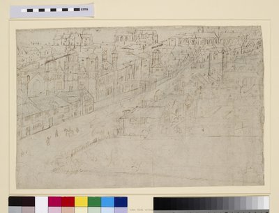 「ロンドンのパノラマ」のセントメアリーオーバーリーのあるハイストリート区、1544年頃（紙にペンとインクと鉛筆） 作： Anthonis van den Wyngaerde